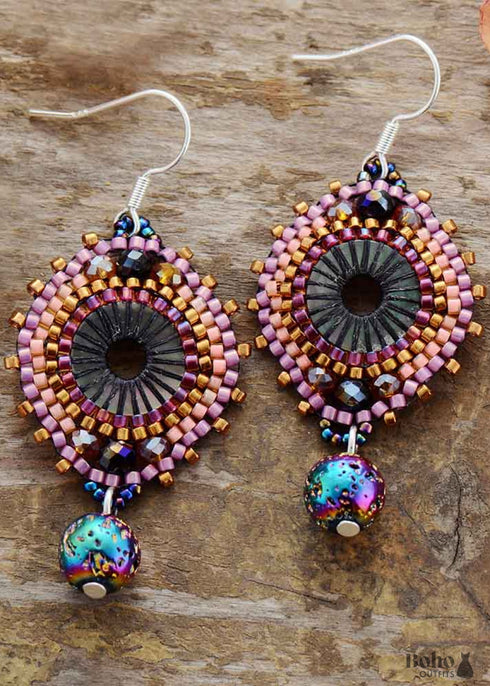 Boho Earrings, Dangle Earrings, Crystal Beads Lava Purple Stone